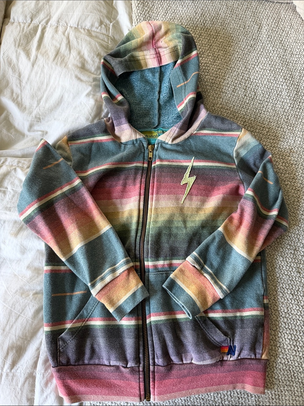 Aviator Nation Kids Rainbow Stripe Zip Hoodie in Teal, Pink & Yellow